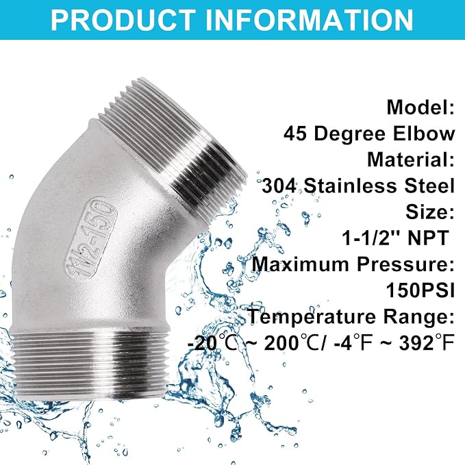 45 Degree Elbow 1PCS, 1-1/2" NPT Male X 1-1/2" NPT Male 304 Stainless Steel - Image 3