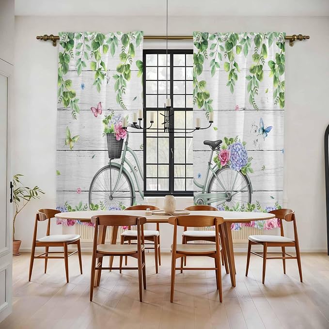 Spring Kitchen Curtains, Bicycles Botanical Rose Leaves Butterfly Wood Grain - Image 2