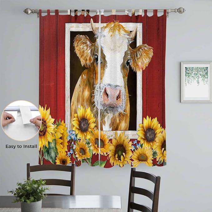 Cows Sunflowers Living Room Curtains 84 Inch Length, Window Curtains Tab Top - Image 4