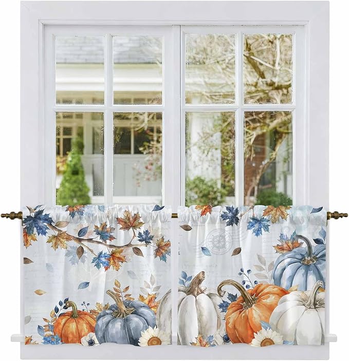 Fall Blue Maple Kitchen Tier Curtains 36 Inch Long 2 Panel Set, Rod Pocket Half - Image 2