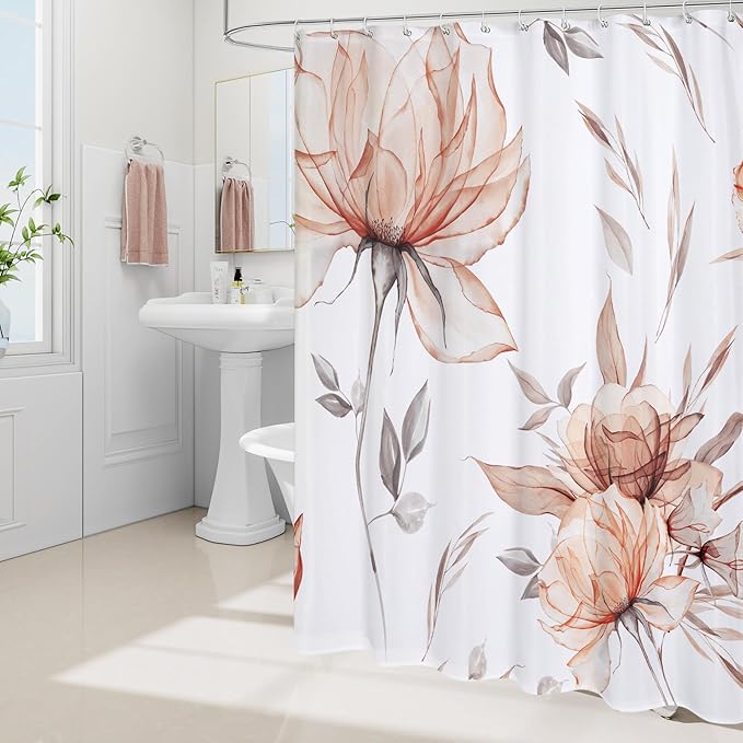 Small Stall Boho Watercolor Floral Shower Curtain 36 x 72, Orange and Grey Ink Painting Style Flower Shower Curtains for Chic Elegant Bathroom, Artistic Narrow Half Size Shower Curtain