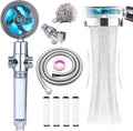 High Pressure Shower Heads, Handheld Turbo Fan Shower, Hydro Jet Shower Head with 79 Inch Hose,Bracket,Cotton Filters and Bath Loofah, One Key Pause Switch 360 Degrees Rotating (Blue with hose)