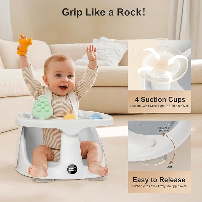 Baby Bath Seat for Babies 6 Months & Up - Bathtub Seats for Babies Sitting Up with Rinse Cup, Non-Slip, Comfortable, Infant Bath Essentials, Gray