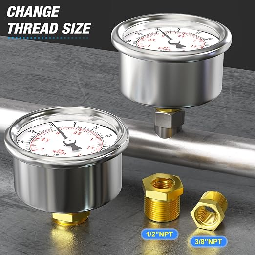 MEANLIN MEASURE -30inHG~30Psi Vacuum Gauge Stainless Steel 1/4" NPT 2" FACE - Image 3
