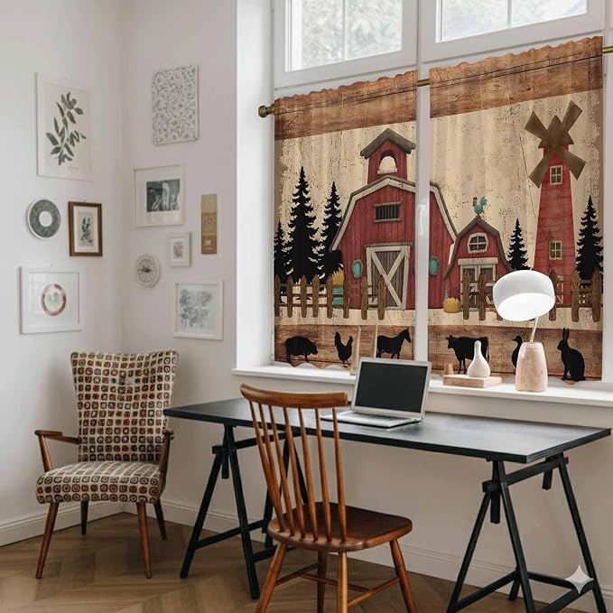 Brown Farmhouse Tier Curtains, Vintage Country Animals Wooden Grain Light - Image 6