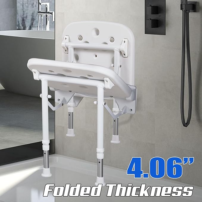NEWTRY Wall Mounted Shower Seats with Bathroom Grab Bar, 550lb Support Adjustable Height 15.3" Foldable Shower Chair, Fold Down Shower Seat + Smart Suction Cup Handrail for Home Care & Bathroom