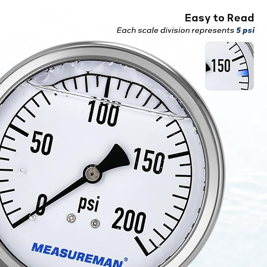 MEASUREMAN Glycerin Filled Plumbing Pressure Gauge 0-200psi Stainless Steel Case - Image 4