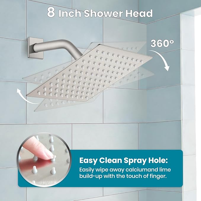 gotonovo Shower System with Tub Spout Wall Mounted Rain Shower Head and Handle Combo Shower Faucet Set with Valve, 8 Inch, Brushed Nickel