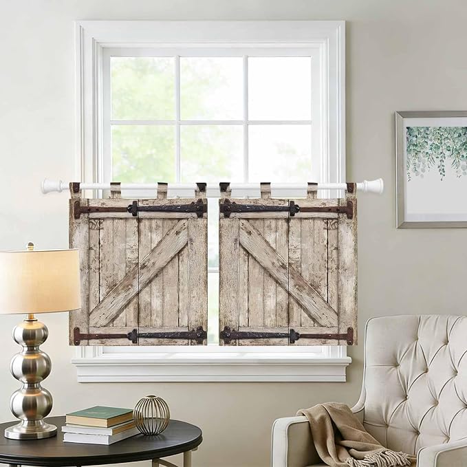 Farmhouse Wood Grain Kitchen Curtains 24 Inch Length, Small Window Curtains Tab - Image 2