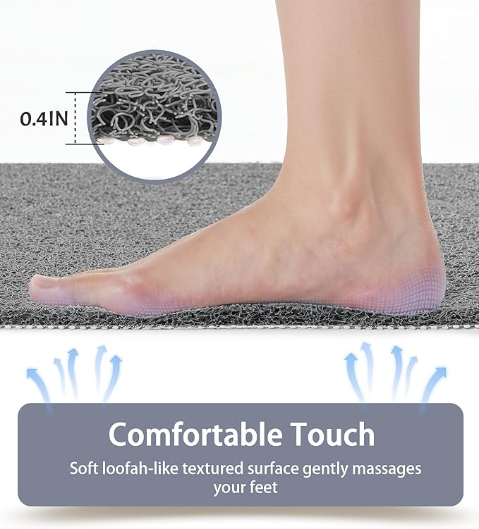 Mecko Non-Slip Shower Mat, Anti-Slip Bath Mat with Suction Cups – Quick-Drying Loofah Texture for Tub with for Indoor and Outdoor Use, Bathtubs and Wet Areas (Grey, 17"x30")