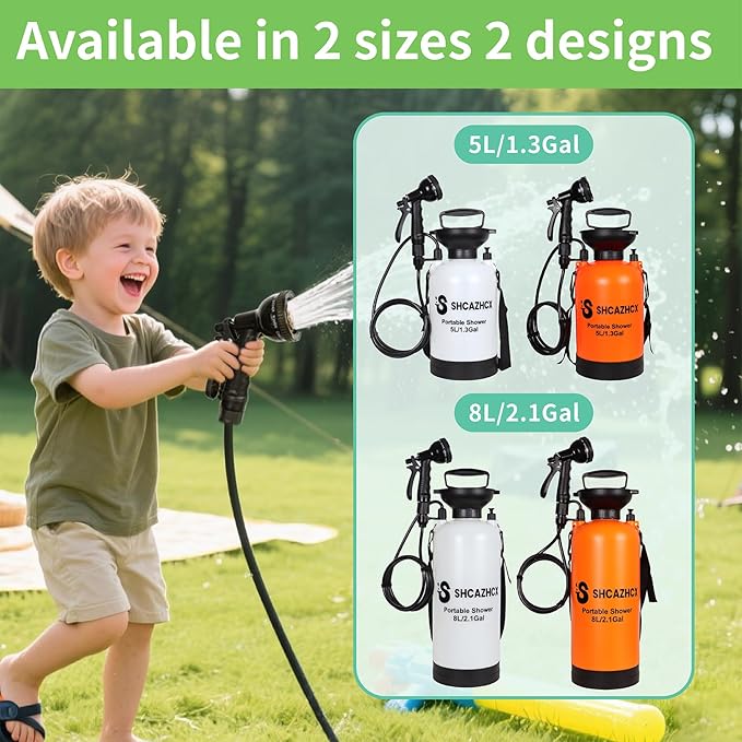 1.3 Gallon/5L Portable Outdoor Shower, 10 Spray Modes, No Power Needed, Insulated Sleeve Keeps Water Warm, Multi-Use Sprayer for Camping, Beach & Surfing, Fishing, Hiking, Road Trips, Orange
