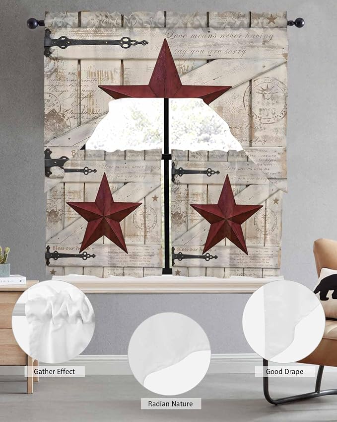 Village Stars Swag Kitchen Curtains Valance and Tier Set, Vintage Dark Red Star - Image 5