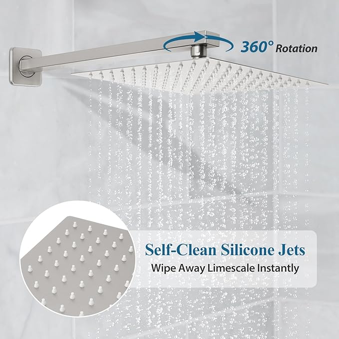 Brushed Nickel Square Shower Head with Handheld Set, Rainfall Shower System Modern Wall Mounted Shower Faucet for Bathroom 12 inch (With Shower Valve)