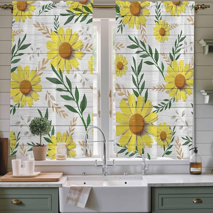 Yellow Daisy Kitchen Curtains, Farmhouse Country Flower Leaf Plant Wood Grain - Image 2
