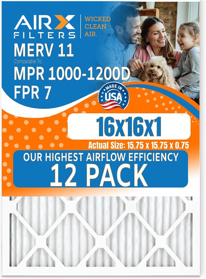 16x16x1 Air Filter MERV 11 Rating, 12 Pack of Furnace Filters Comparable to MPR by AIRXFILTERSWICKEDCLEANAIR