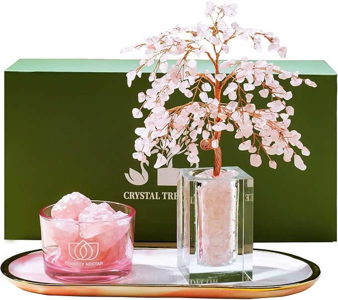 Runyangshi Rose Quartzt Crystal Tree of Life Natural Crystal Ore Diffuser Set by Runyangshi