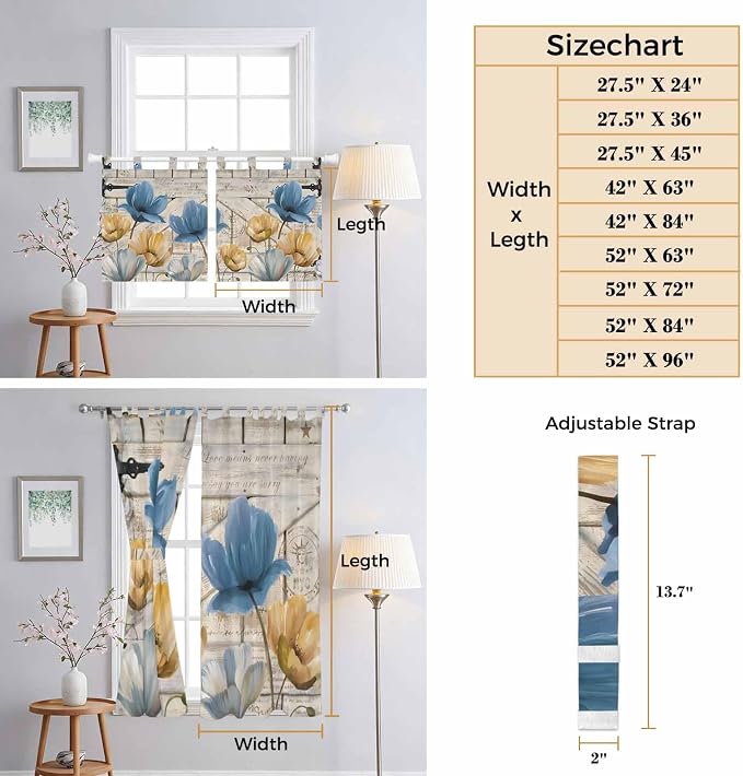Blue Yellow Tulips Kitchen Curtains 24 Inch Length, Small Window Curtains Tab - Image 8