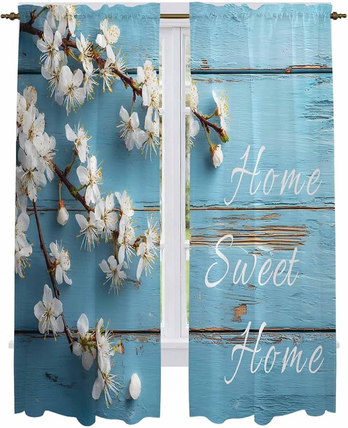 Farmhouse Wooden Grain Kitchen Curtains, Vintage Shabby Chic Flower Blue Light by Unknown