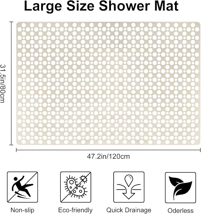 Anti Slip Shower Mat with Suction Cups,31.5x47.2 Inch Quick Drain TPE Non Slip Shower Mats for Inside Shower,Large Bath Mat for Shower Soft on Feet, Easy to Dry&Cut Machine Washable