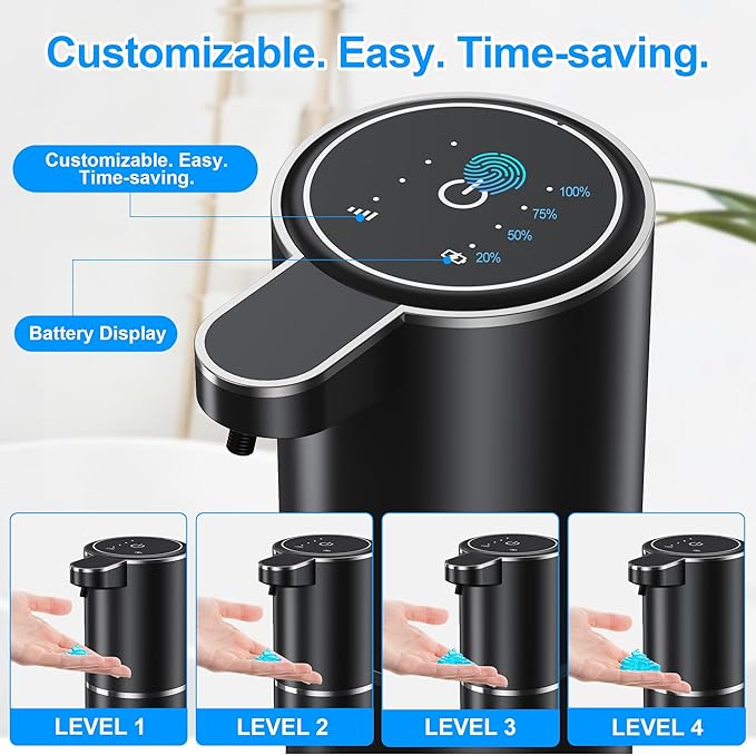Automatic Soap Dispenser Touchless,Liquid Soap Dispenser 4-Level Adjustable Hands-Free Wall Mount Soap Dispensing for Bathroom and Kitchen Black