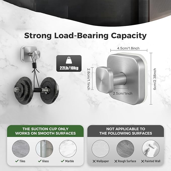 2Pcs Square Suction Cup Hook, 304 Stainless Steel Shower Hook, Removable Suction Cup Knob for Shower, Bathroom, Kitchen, Glass Door, Mirror (Silver)