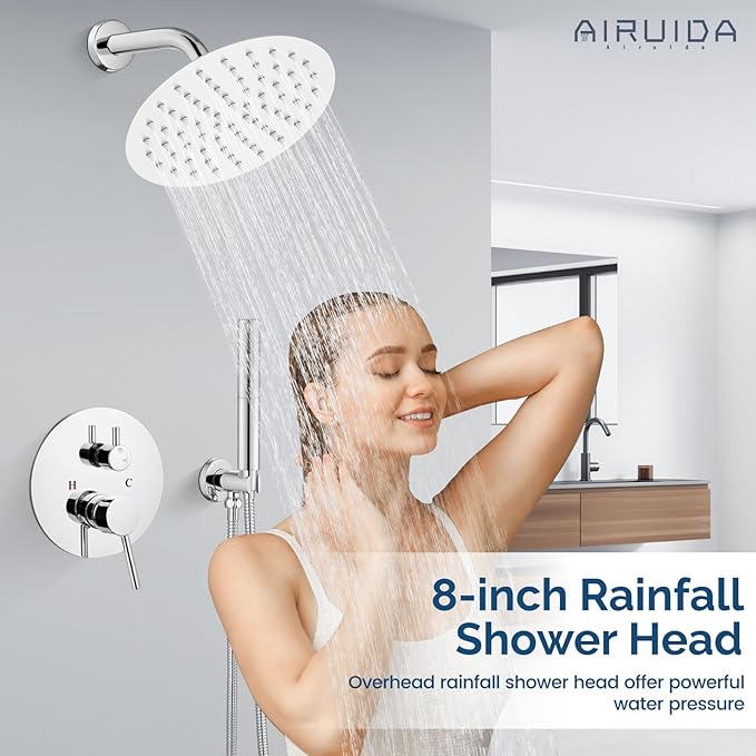 Airuida Shower Fixtures 2 Functions Shower Faucet Set Wall Mounted for Bathroom High Pressure Brass Handheld Shower with Rough-in Valve Round Rainfall 8 Inch Shower Head Chrome Polish