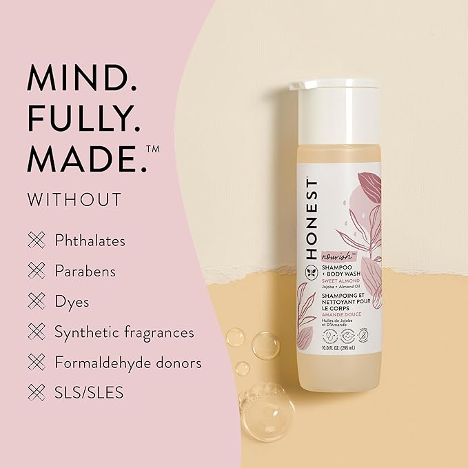 The Honest Company 2-in-1 Cleansing Shampoo Body Wash Gentle for Baby Naturally Derived Tear-free Hypoallergenic Sweet Almond Nourish 18 fl oz