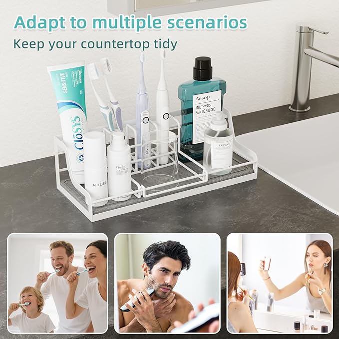 Toothbrush Holders, Bathroom Organizers and Storage with Instant Drying Stone, 6 Slots Bathroom Accessories with Adjustable Toothpaste Holders, Bathroom Counter Organizer, White