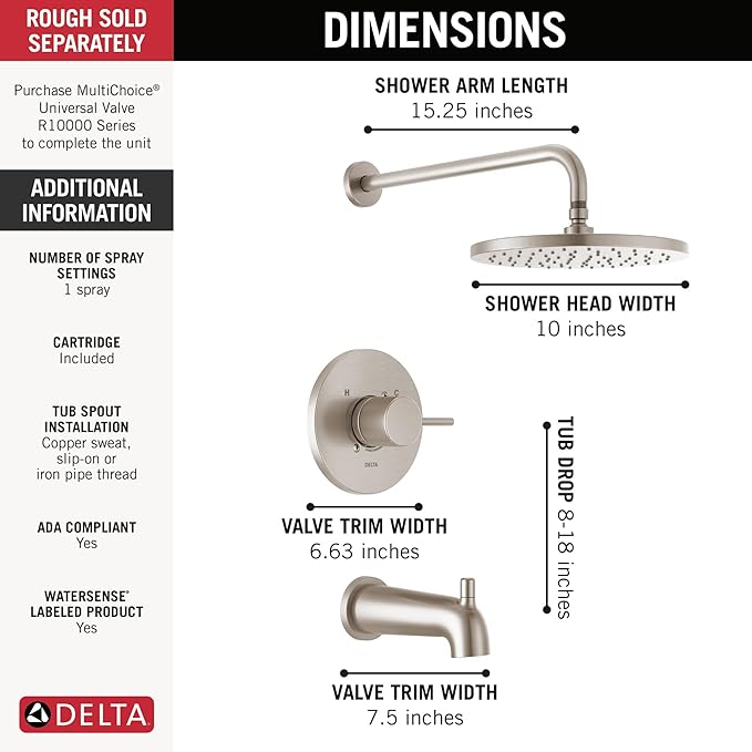 Delta Faucet Modern Raincan Round Single-Function Tub and Shower Trim Kit Brushed Nickel, Tub Faucet Set, Rainfall Shower Head, Spotshield Stainless T14469-SP-PP (Valve Not Included)