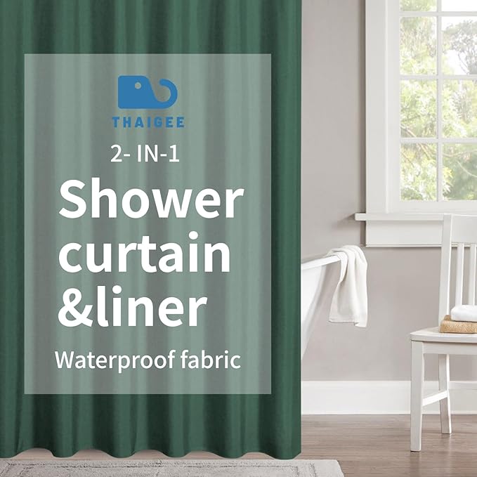 2-in-1 Waterproof Fabric Shower Curtain or Liner,Linen Textured,Breathable TPU & Washable Bathroom Shower Curtain Set with 12 Plastic Hooks,Modern,72"x72" Emeraldgreen