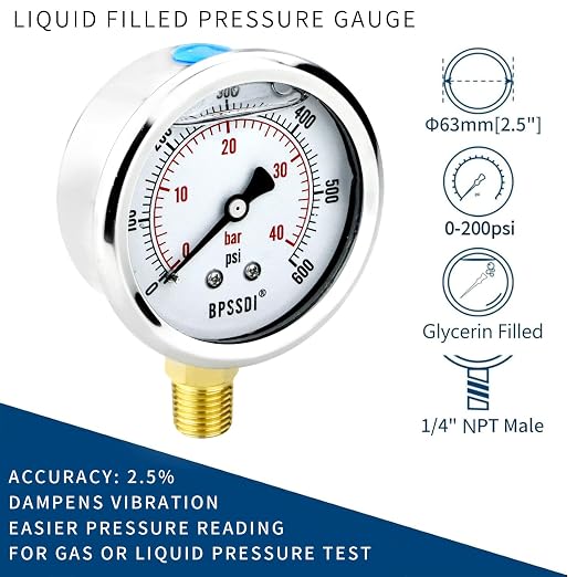 0-200 Psi Glycerin Liquid Filled Low Pressure Gauge, 2.5" Dial Size, 1/4" NPT - Image 2