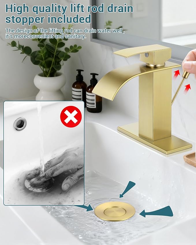 Bathroom Faucets with Lift Rod Drain Brushed Gold Waterfall Bathroom Sink Faucet Modern Single Handle Bathroom Faucet for 1 or 3 Hole Mxier Tap Washbasin Faucet with Deck