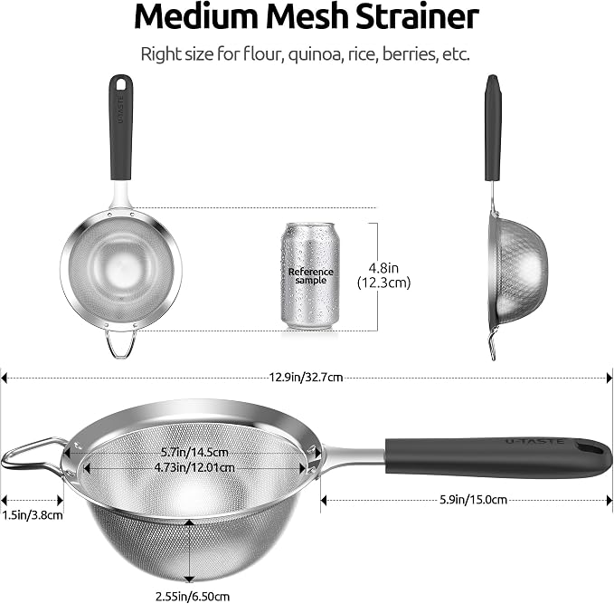 U-Taste Medium Fine Mesh Strainer: 18/8 Stainless Steel 4.73in 30 Mesh Kitchen - Image 2