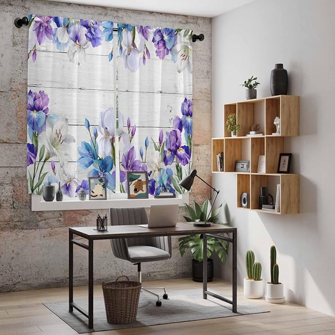 Spring Flowers Kitchen Curtains, Watercolor Garden Florals Wooden Grain Light - Image 6