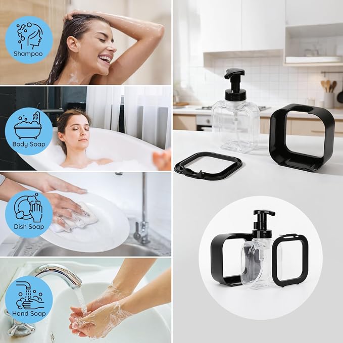 Segbeauty 10.1oz Black Foaming Soap Dispenser, 2pcs 300ml Square Refillable Dish Soap Foam Dispenser for Kitchen Cleaning, Empty Bathroom Shampoo Body Wash Foam Soap Pump Bottles with Pump Stickers