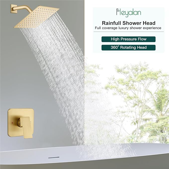 Heyalan 8 Inch Shower Head and Handle Set Square Shower Faucet Set Bathroom Rainfall Shower System Stainless Steel Showerhead Single Function Shower Trim Kit,Female Thread Valve,Brushed Gold