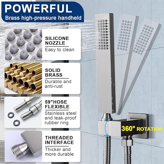 Multi Full Body Thermostatic Luxury Spa Shower System And 14x20 Inch LED 4 Functions Faucet Set, Rainfall Spray Waterfall Can Be Turned On Simultaneously,Brushed Nickel