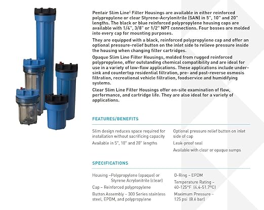 Pentair Pentek 158005 Traditional Slim Line Filter Housing, 3/8" NPT #10 Under - Image 2