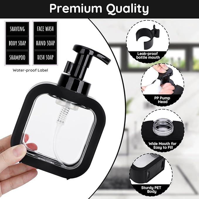 Segbeauty 10.1oz Black Foaming Soap Dispenser for Kitchen, 4pcs 300ml Plastic Square Dish Wash Foam Pump Bottles, Refillable Shampoo Shower Foam Soap Dispenser, Foam Hand Wash Dispenser with Labels