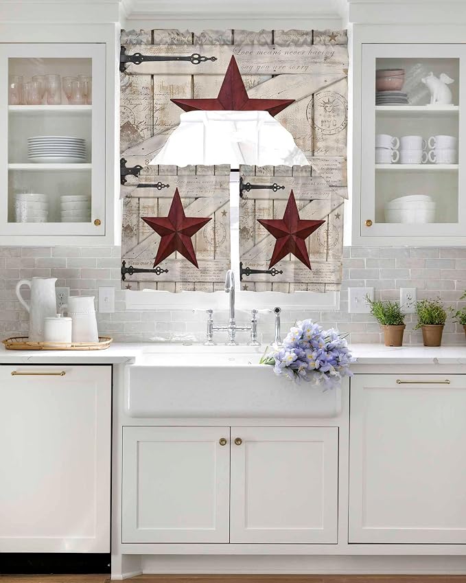 Village Stars Swag Kitchen Curtains Valance and Tier Set, Vintage Dark Red Star - Image 4