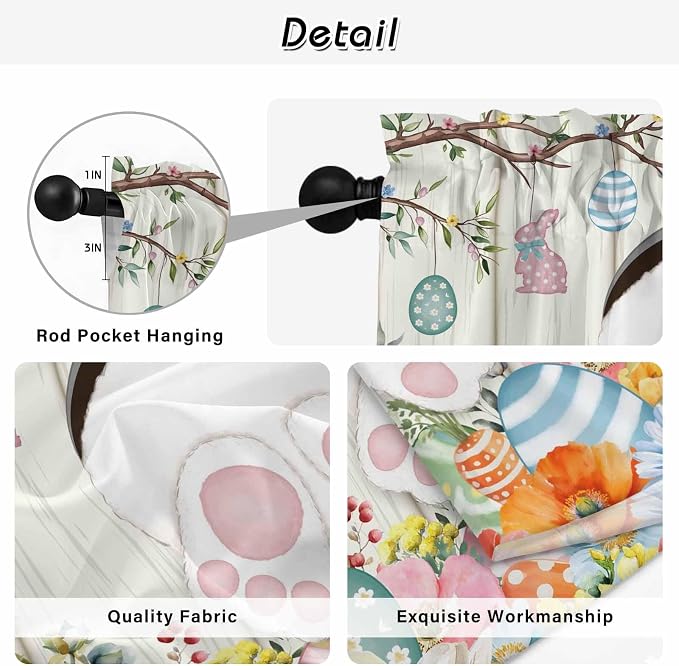 Easter Kitchen Tier Curtains 36 Inch Long 2 Panel Set, Rod Pocket Half Window - Image 9