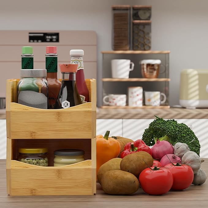 2 Set Open Front Small Stackable Storage Bins, Bamboo Stacking Storage Bins Snack Tea Bags Fruits Spices Countertop Storage, Rustic Organizer Bins for Pantry, Kitchen, Office, Bedroom (Small Natural)
