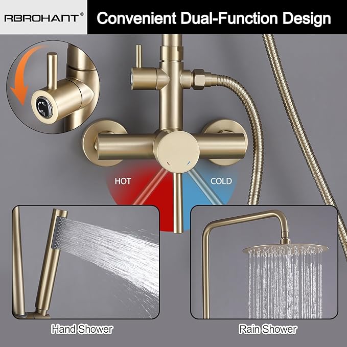 RBROHANT Outdoor Shower, Wall Mount Outdoor Shower Kit, Outside Shower Faucet with Height Adjustable Rain Shower Head and Handheld, Exposed Shower for Backyard, Wall Mounted, Brushed Gold, JK0147