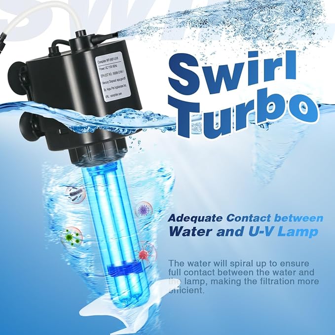 Aquarium U-V Filter for 40-75 Gal, 211 GPH Swirl Turbo Design Submersible - Image 7