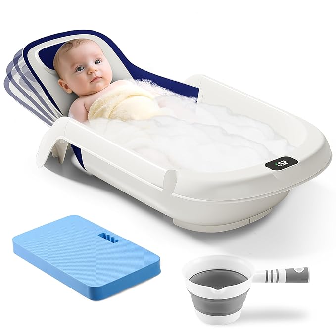 Baby Bathtub,5-in-1 Reclining Baby Bathtub,Baby Bath Tub with Real-Time Thermometer, Adjustable Recline for Custom Comfort for Newborn to Toddler- Ages 9 to 36 Months,Portable Newborn Travel Bath tub
