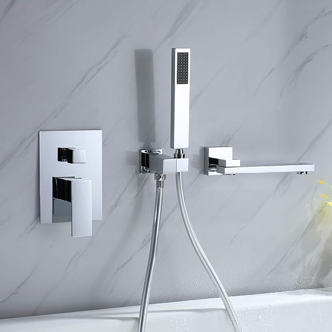 Wall Mounted Bathtub Faucet with Handheld Shower, Solid Brass 180°Swivel Tub Faucet with Handheld Sprayer High Flow Bathtub Faucet Set with cUPC Certified Wall Mount Tub Filler, Chrome