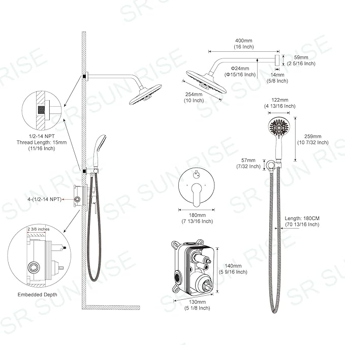 SR SUN RISE Shower Faucet - 10 Inch Multifunctional High Pressure Shower Head System with Handheld Shower Head Fixtures - Valve Included - Brushed Nickel