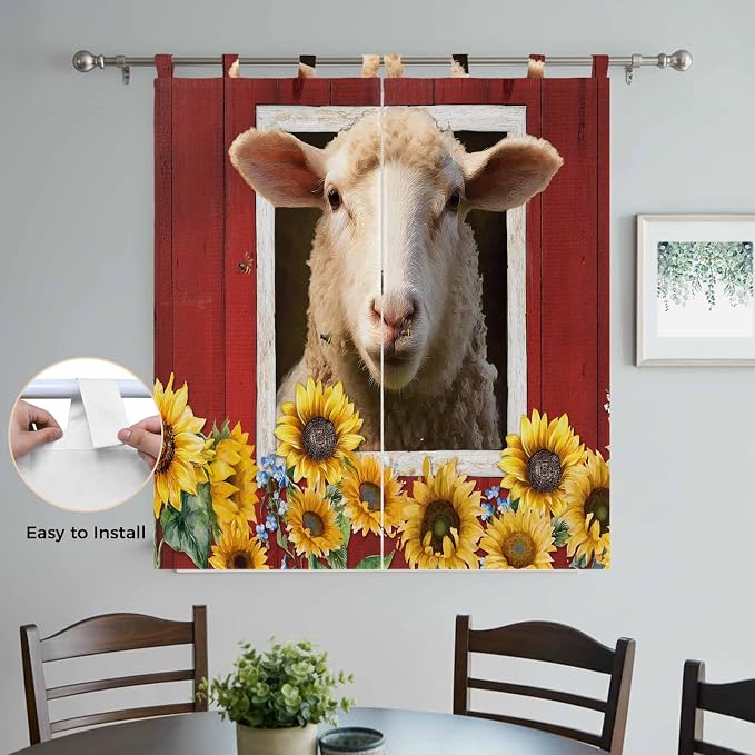 Sheep Sunflower Bedroom Curtains 72 Inch Length, Window Curtains Tab Top - Image 4