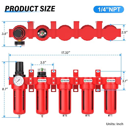 TAILONZ PNEUMATIC 0-150PSI 1/4 Inch NPT Red Industrial Grade 5 Stage Air Drying - Image 2