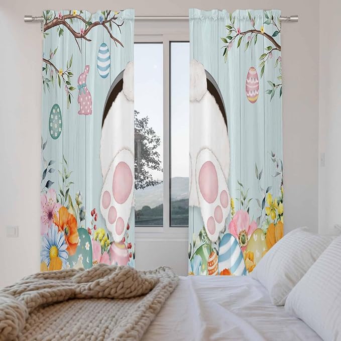 Easter Bunny Window Curtains 72 Inch Long 2 Panel Set, Rod Pocket Long Curtains - Image 4